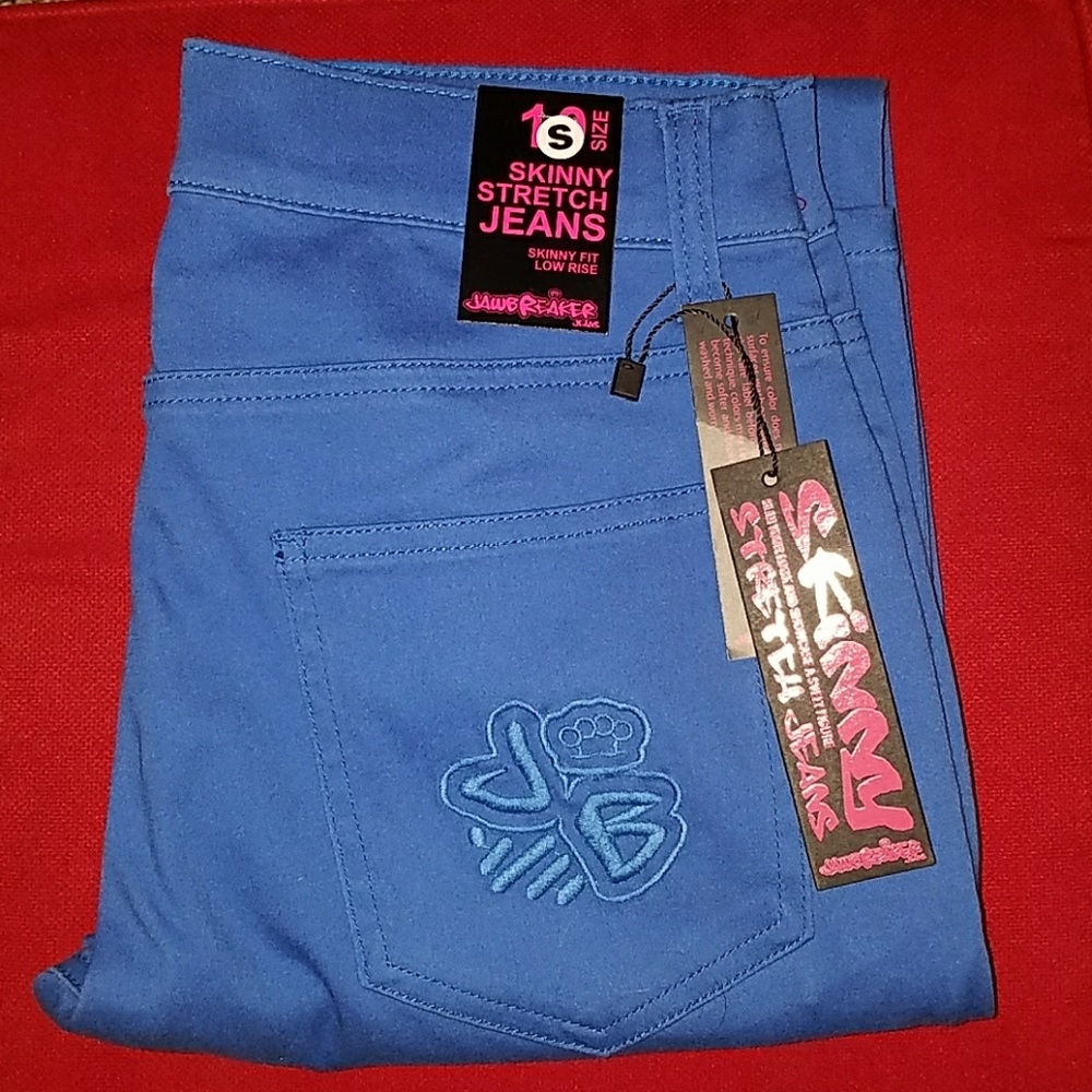 JawBreakeR Blue Stretch Skinny Jeans Embroidered Brass Knuckles on Back Pocket